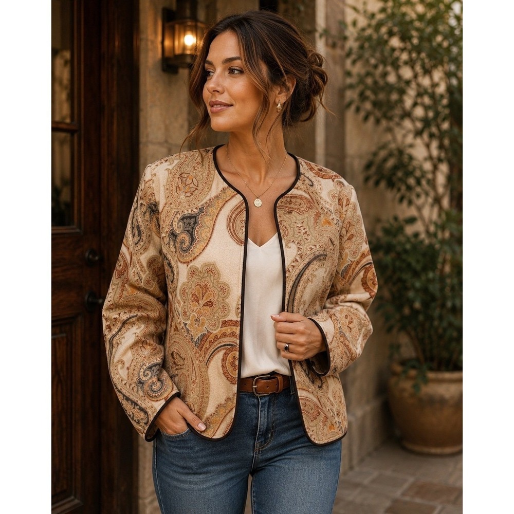Linda Allard Ellen Tracy Wool Cashmere Paisley Jacket Open Front Boho Neutral